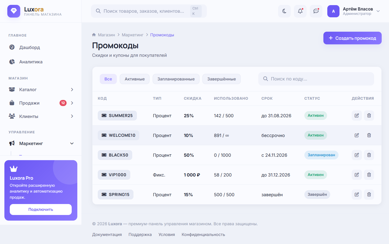 Luxora — HTML шаблон админ-панели