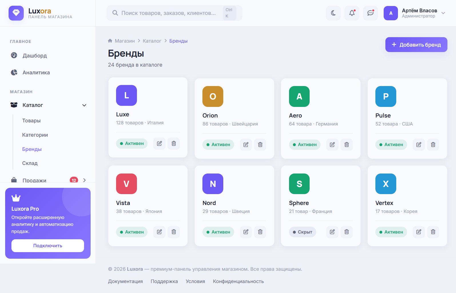 Luxora — HTML шаблон админ-панели