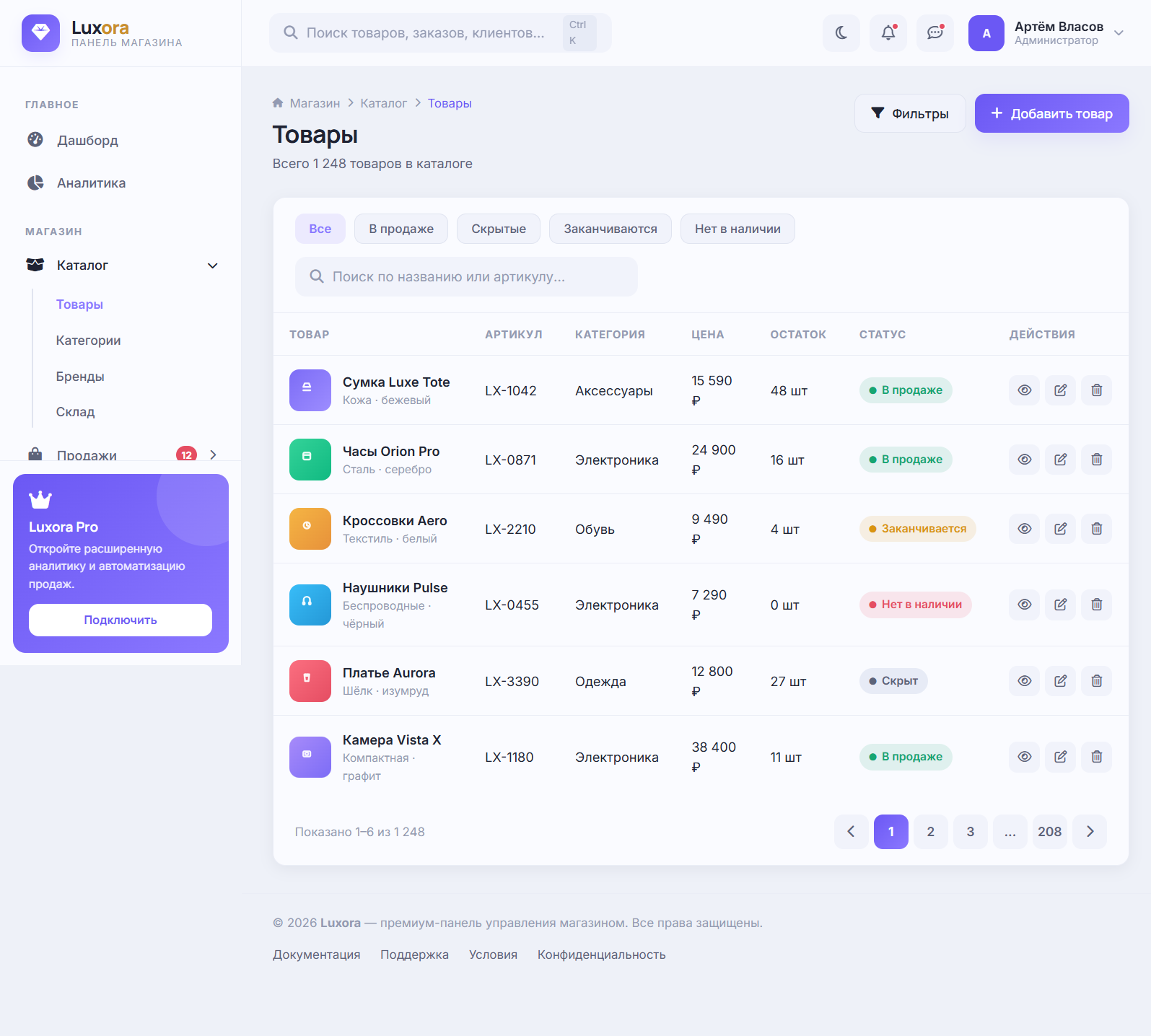 Luxora — HTML шаблон админ-панели