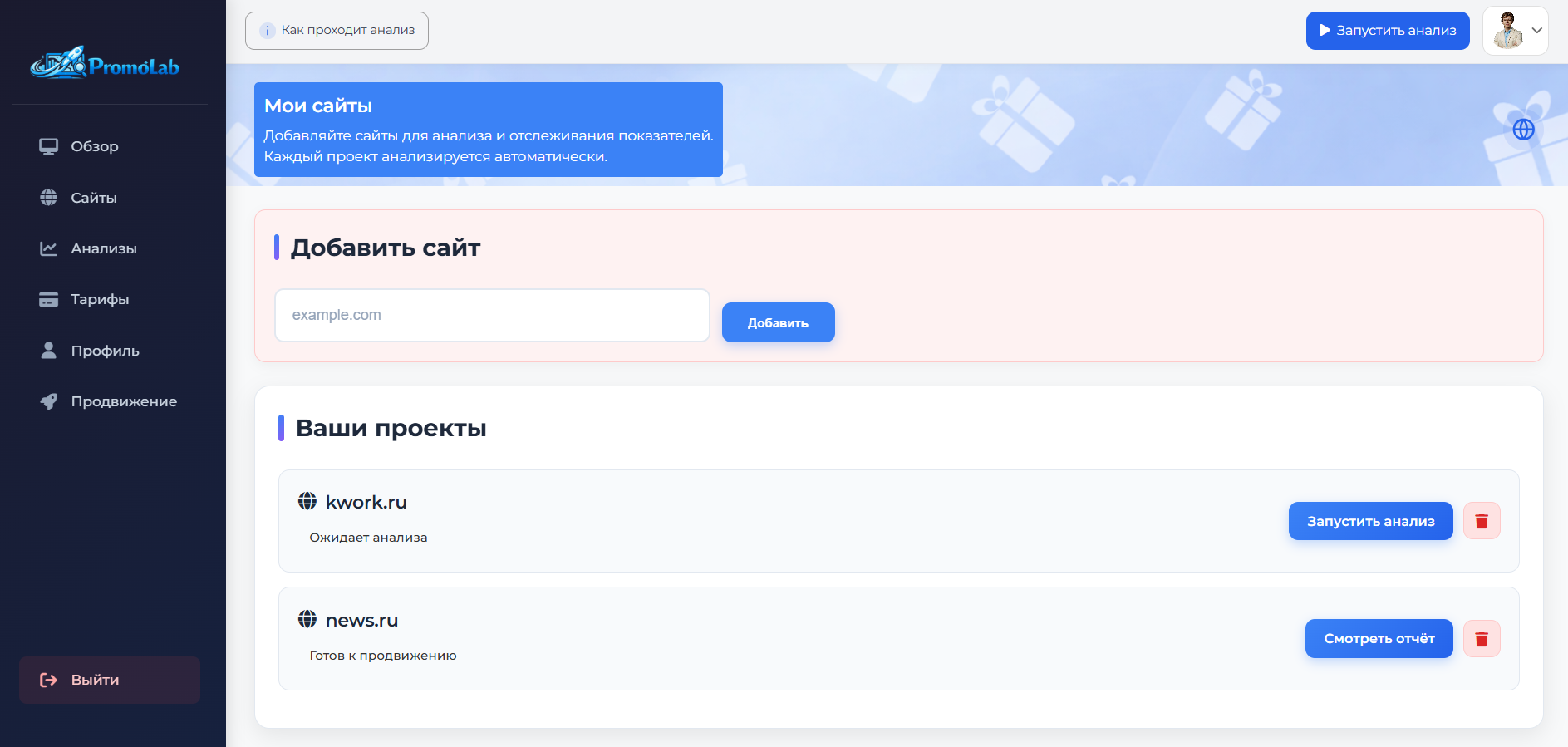 PromoLab — скрипт сервиса анализа и продвижения сайтов